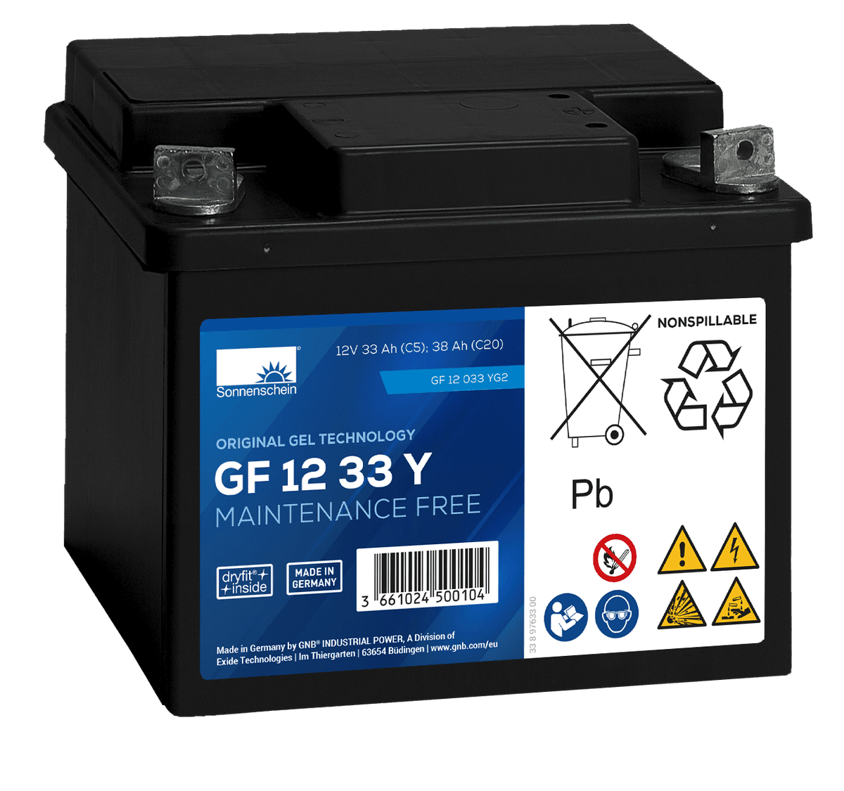 SONNENSCHEIN GF12033YG2 GELBatteri 12V 33AH (210x175x175mm) +høyre